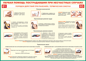 Таблица "Порядок действий при ранениях и термических ожогах" (100х140 сантиметров, винил) - fgospostavki.ru - Александров