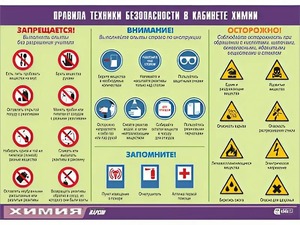 Таблица демонстрационная "Правила техники безопасности в кабинете химии" (винил 70х100) - fgospostavki.ru - Александров